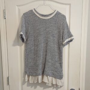 Gray and White Ruffled Short Sleeve T-Shirt